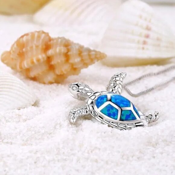 Silver and Hawaiian Blue Opal Sea Turtle Pendant Fashion Necklace NWOT - Picture 5 of 8